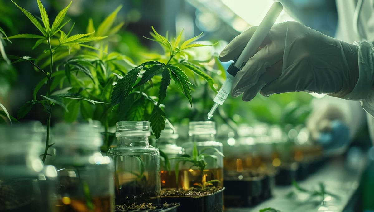 a hand holding a syringe over a plant