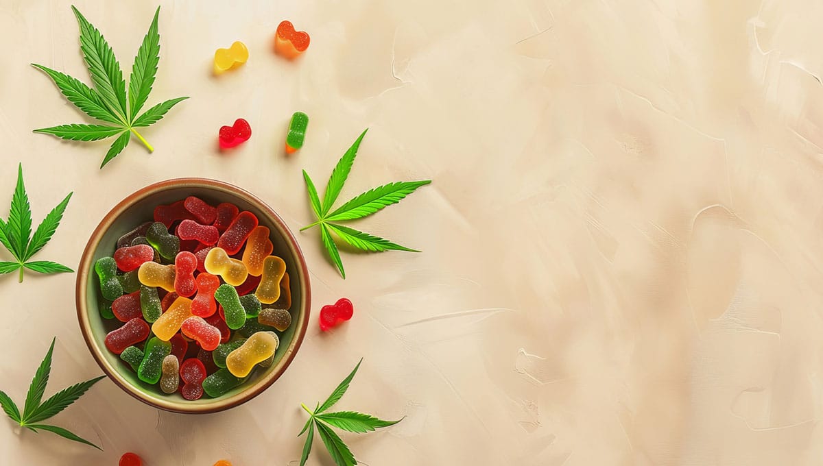 a bowl of gummy candies and leaves